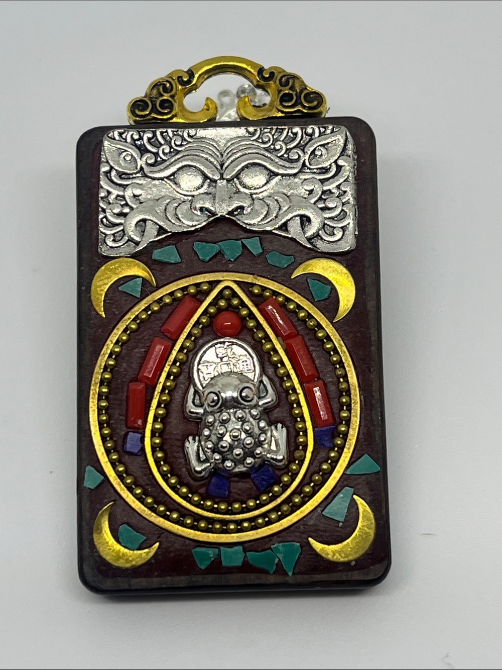 Ornate Toad  / Frog and Coins Amulet Brooch  Red, Gold & Turquoise Hand Crafted
